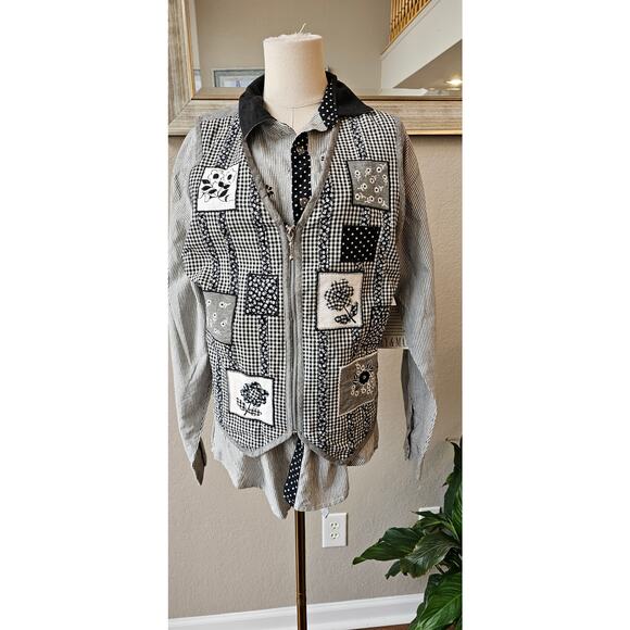 NWT VTG Casey & Max Emb Gingham Patchwork Vest and Shirt Set Women Large Black - Picture 2 of 11